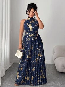 Elenzga Plus Size Women's Navy Blue Foil Pleated Halter Jumpsuit, Suitable For Spring, Summer, Autumn Travel, Wedding, Evening Party Formal And Elegant - Navy Blue - View 9