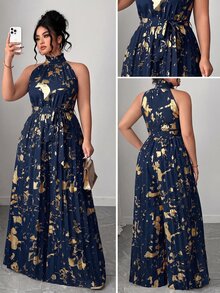 Elenzga Plus Size Women's Navy Blue Foil Pleated Halter Jumpsuit, Suitable For Spring, Summer, Autumn Travel, Wedding, Evening Party Formal And Elegant - Navy Blue - View 3