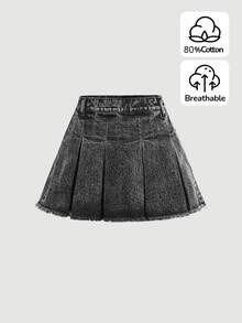 SHEIN Tween Girl Y2K Solid Pleated Raw Hem Denim Skirt, Spring And Summer Boho - Grey - View 1