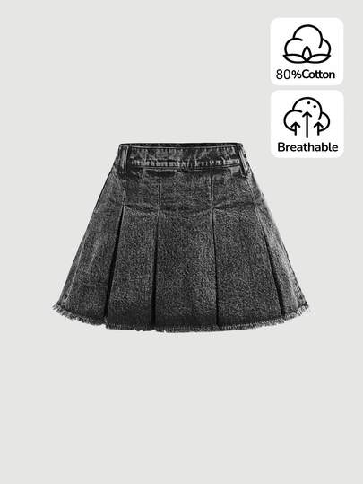SHEIN 少女Y2K纯色褶裥毛边牛仔裙，春夏波西米亚风