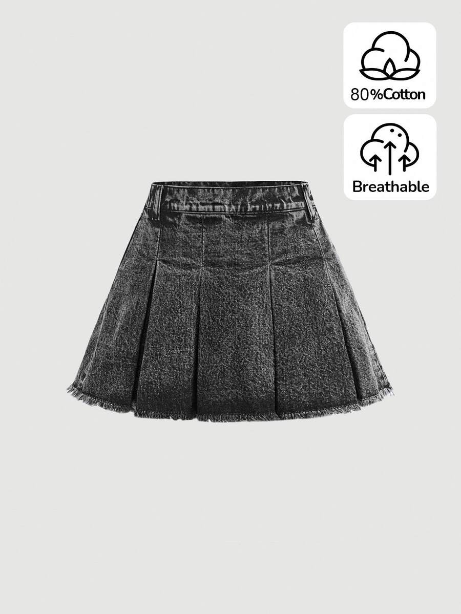 SHEIN Tween Girl Y2K Solid Pleated Raw Hem Denim Skirt, Spring And Summer Boho - Grey - View 1
