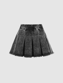 SHEIN Tween Girl Y2K Solid Pleated Raw Hem Denim Skirt, Spring And Summer Boho - Grey - View 2