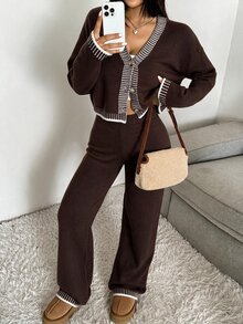 CovetEZ Women's Casual Comfortable Brown Autumn/Winter Long Sleeve Cardigan Sweater & Pants Two Pieces Set - Brown - View 4