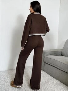 CovetEZ Women's Casual Comfortable Brown Autumn/Winter Long Sleeve Cardigan Sweater & Pants Two Pieces Set - Brown - View 2