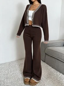 CovetEZ Women's Casual Comfortable Brown Autumn/Winter Long Sleeve Cardigan Sweater & Pants Two Pieces Set - Brown - View 6