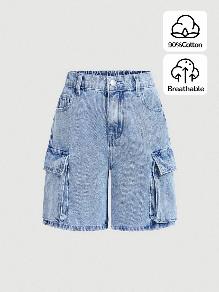 Maija Kids Maija Kids Shorts vaqueros rectos holgados con bolsillo lateral para niña preadolescente, estilo Y2K primavera verano, Niña preadolescente concierto de verano - Lavado ligero - Ver 1