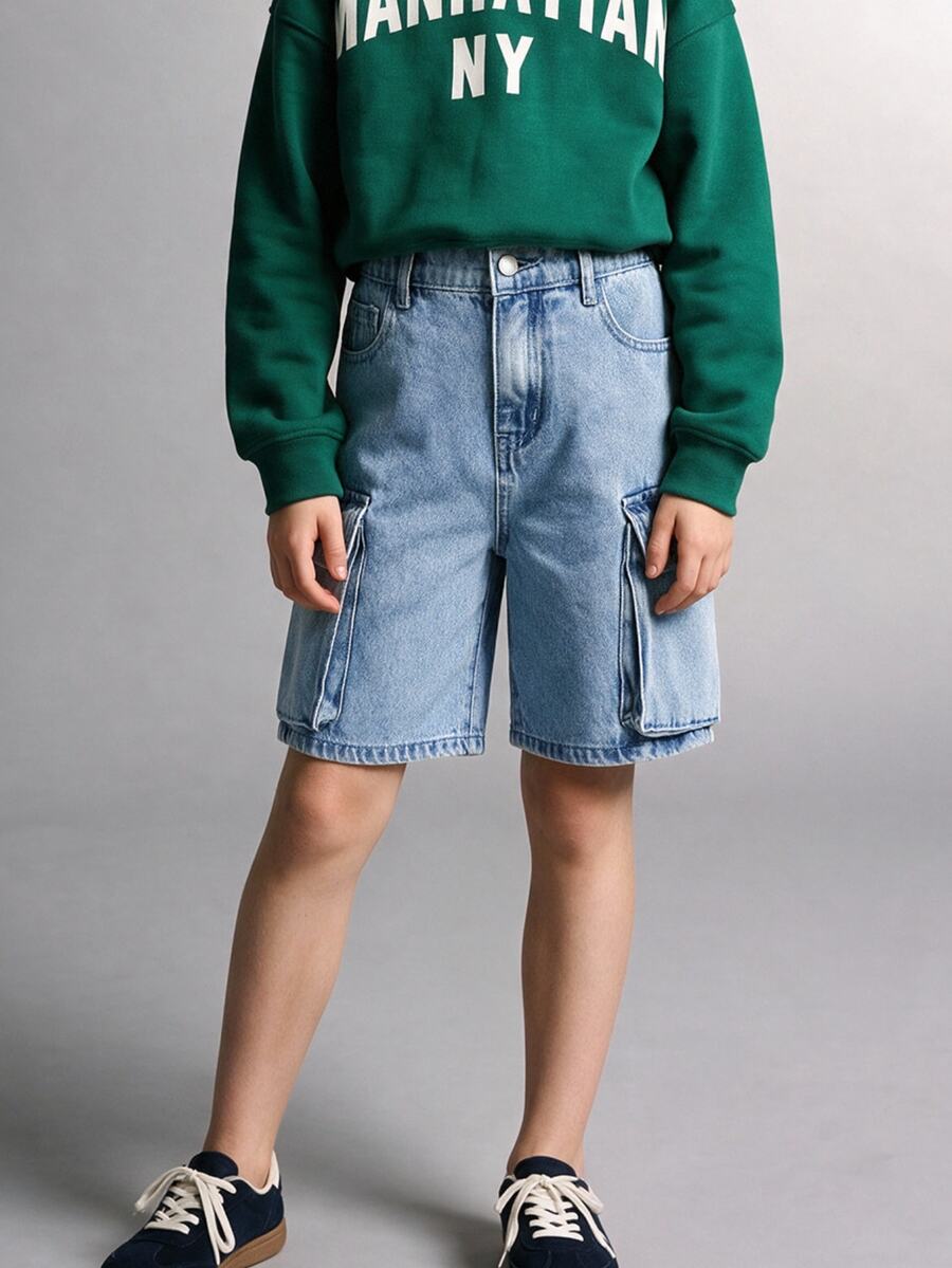 Maija Kids Maija Kids Tween Girl Y2K Spring Summer Flap Pocket Side Baggy Straight Leg Denim Shorts, Tween Girl Summer Concert - Light Wash - View 1