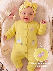 LMoss Kids Baby Girl Autumn/Winter Cute Knitted Cartoon Pattern Romper Long Pants Sweater Crawl Suit,Autumn And Winter - Yellow - View 1