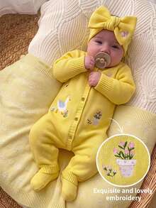 LMoss Kids Baby Girl Autumn/Winter Cute Knitted Cartoon Pattern Romper Long Pants Sweater Crawl Suit,Autumn And Winter - Yellow - View 5