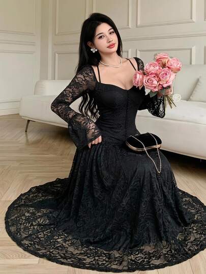 Feyla Elegant Black Lace Sweetheart Neck Midi Dress For Women Long Bell Sleeves A-Line Vintage Style