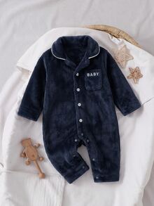 SHEIN Kids Kids Kids Kids Newborn Thick Fleece Contrast Trim Open Front Embroidered Pocket Double-Sided Plush Fabric Suitable For Winter Autumn - Royal Blue - View 3