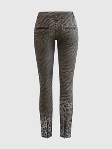 ROMWE Grunge Punk Vintage Y2K Hot Girl Leopard Print Metal Zipper Fitted Low Waist Jeans - Multicolor - View 2
