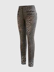 ROMWE Grunge Punk Vintage Y2K Hot Girl Leopard Print Metal Zipper Fitted Low Waist Jeans - Multicolor - View 5