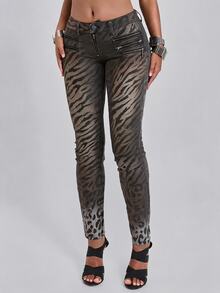 ROMWE Grunge Punk Vintage Y2K Hot Girl Leopard Print Metal Zipper Fitted Low Waist Jeans - Multicolor - View 1