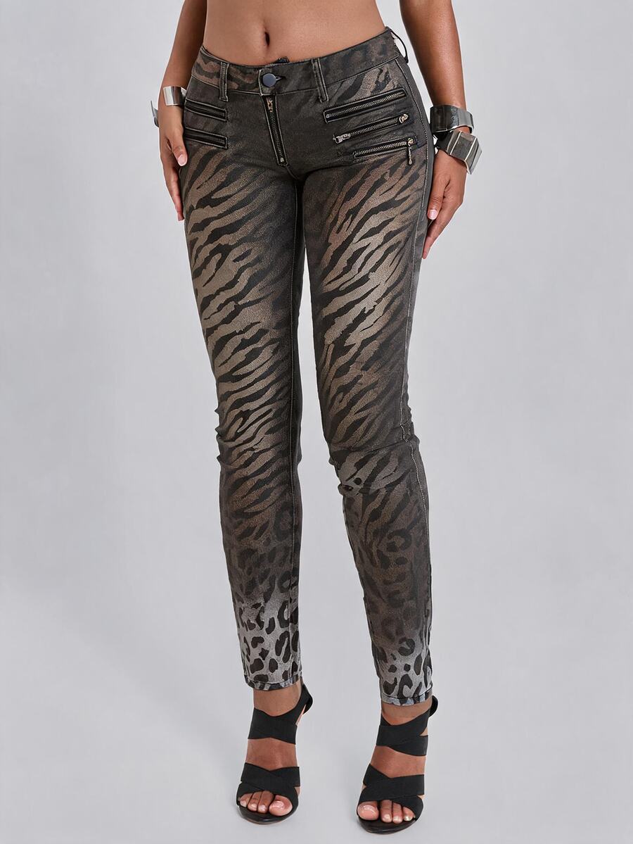ROMWE Grunge Punk Vintage Y2K Hot Girl Leopard Print Metal Zipper Fitted Low Waist Jeans - Multicolor - View 1