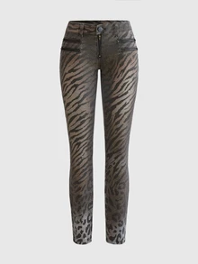 ROMWE Grunge Punk Vintage Y2K Hot Girl Leopard Print Metal Zipper Fitted Low Waist Jeans - Multicolor - View 6