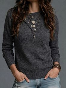 Lumivelle Asymmetrical Collar Button-Up Fitted Sweater Set, Fall Office Brunch Dark Grey Elegant Casual Minimalist - Dark Grey - View 2