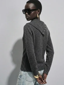 Lumivelle Asymmetrical Collar Button-Up Fitted Sweater Set, Fall Office Brunch Dark Grey Elegant Casual Minimalist - Dark Grey - View 3