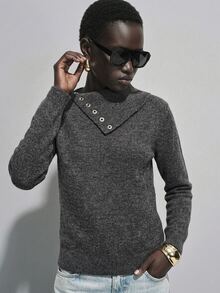 Lumivelle Asymmetrical Collar Button-Up Fitted Sweater Set, Fall Office Brunch Dark Grey Elegant Casual Minimalist - Dark Grey - View 4