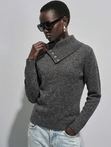 Lumivelle Asymmetrical Collar Button-Up Fitted Sweater Set, Fall Office Brunch Dark Grey Elegant Casual Minimalist - Dark Grey - View 5