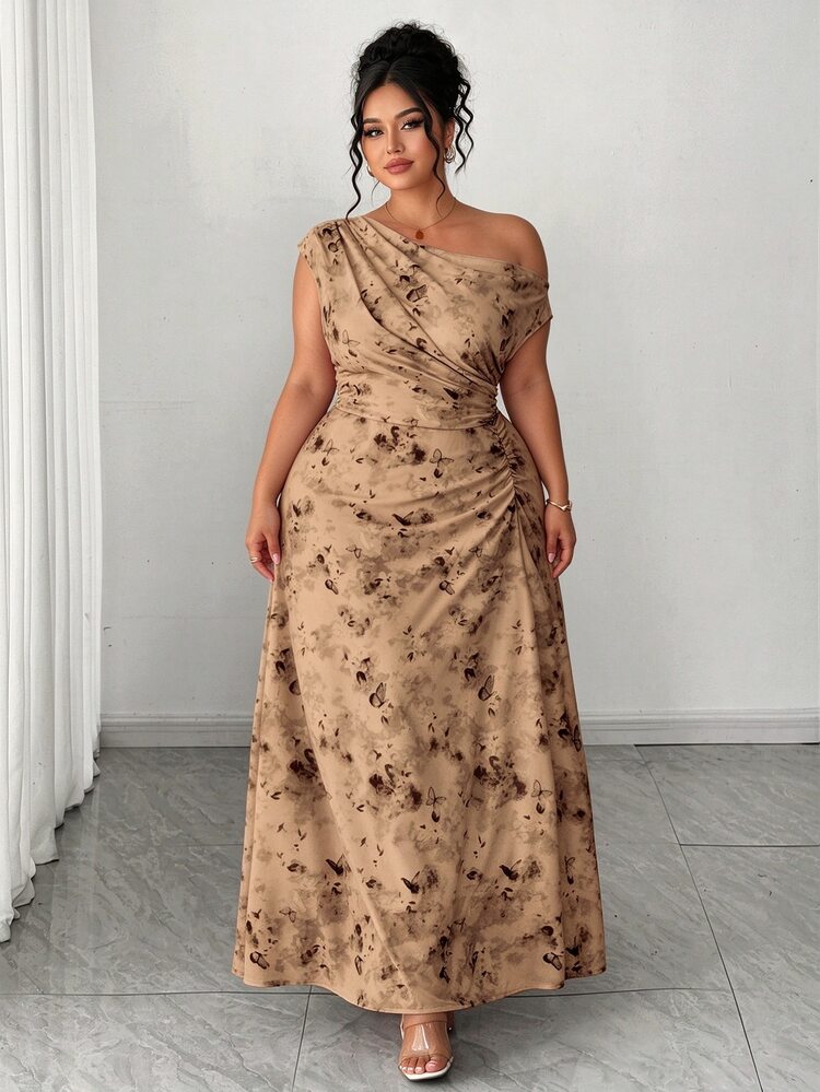 Elenzga Plus Size Elegant Date Party Off-Shoulder Cinched Waist Slimming Romantic Floral A-Line Maxi Dress - Khaki - View 5