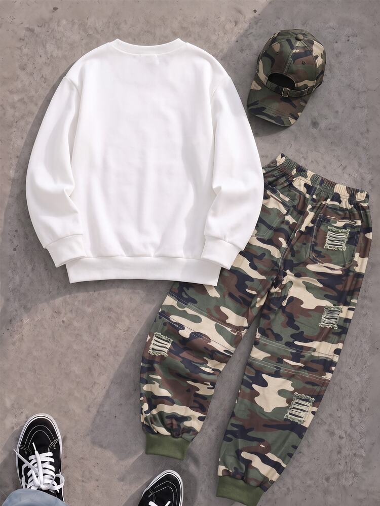 Tween Boy Sweatshirt Set White Sweatshirt With Camouflage Lettering And Dripping Ink Smiling Face Pattern On Chest And Sleeves, Ribbed Cuffs, Paired With Camouflage Jogger Pants - Multicolor - View 2