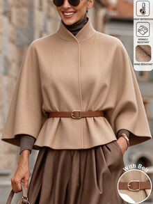 Balvessa Women's Solid Color Batwing Long Sleeve Casual Overcoat, Autumn/Winter - Khaki - View 8