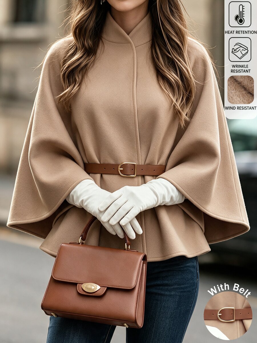 Balvessa Women's Solid Color Batwing Long Sleeve Casual Overcoat, Autumn/Winter - Khaki - View 1