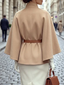Balvessa Women's Solid Color Batwing Long Sleeve Casual Overcoat, Autumn/Winter - Khaki - View 2
