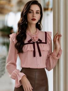 Suri Mira Women's 3D Floral Decor Patchwork Ruffle Trim Long Sleeve Elegant Blouse - Pink - View 5