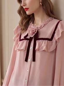 Suri Mira Women's 3D Floral Decor Patchwork Ruffle Trim Long Sleeve Elegant Blouse - Pink - View 7