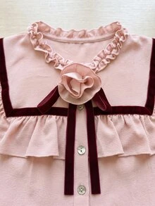 Suri Mira Women's 3D Floral Decor Patchwork Ruffle Trim Long Sleeve Elegant Blouse - Pink - View 3