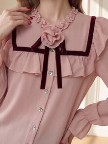 Suri Mira Women's 3D Floral Decor Patchwork Ruffle Trim Long Sleeve Elegant Blouse - Pink - View 4