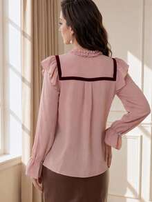 Suri Mira Women's 3D Floral Decor Patchwork Ruffle Trim Long Sleeve Elegant Blouse - Pink - View 6