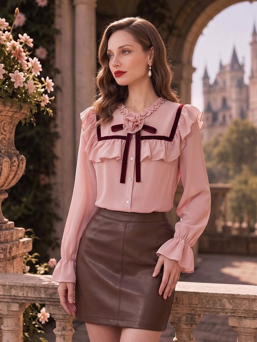 Suri Mira Women's 3D Floral Decor Patchwork Ruffle Trim Long Sleeve Elegant Blouse - Pink - View 1
