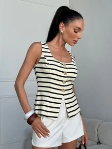 Lavishia Camisa informal de mujer sin mangas con botones y rayas, para verano - Blanco y Negro - Ver 7