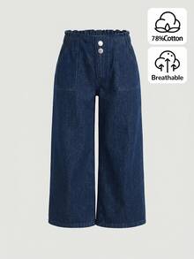 SHEIN Young Girl New Vacation Style Ruffle Elastic Waist Comfortable Washed Soft Loose Casual Fashion Jeans - Dark Wash - View 1