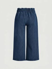 SHEIN Young Girl New Vacation Style Ruffle Elastic Waist Comfortable Washed Soft Loose Casual Fashion Jeans - Dark Wash - View 2
