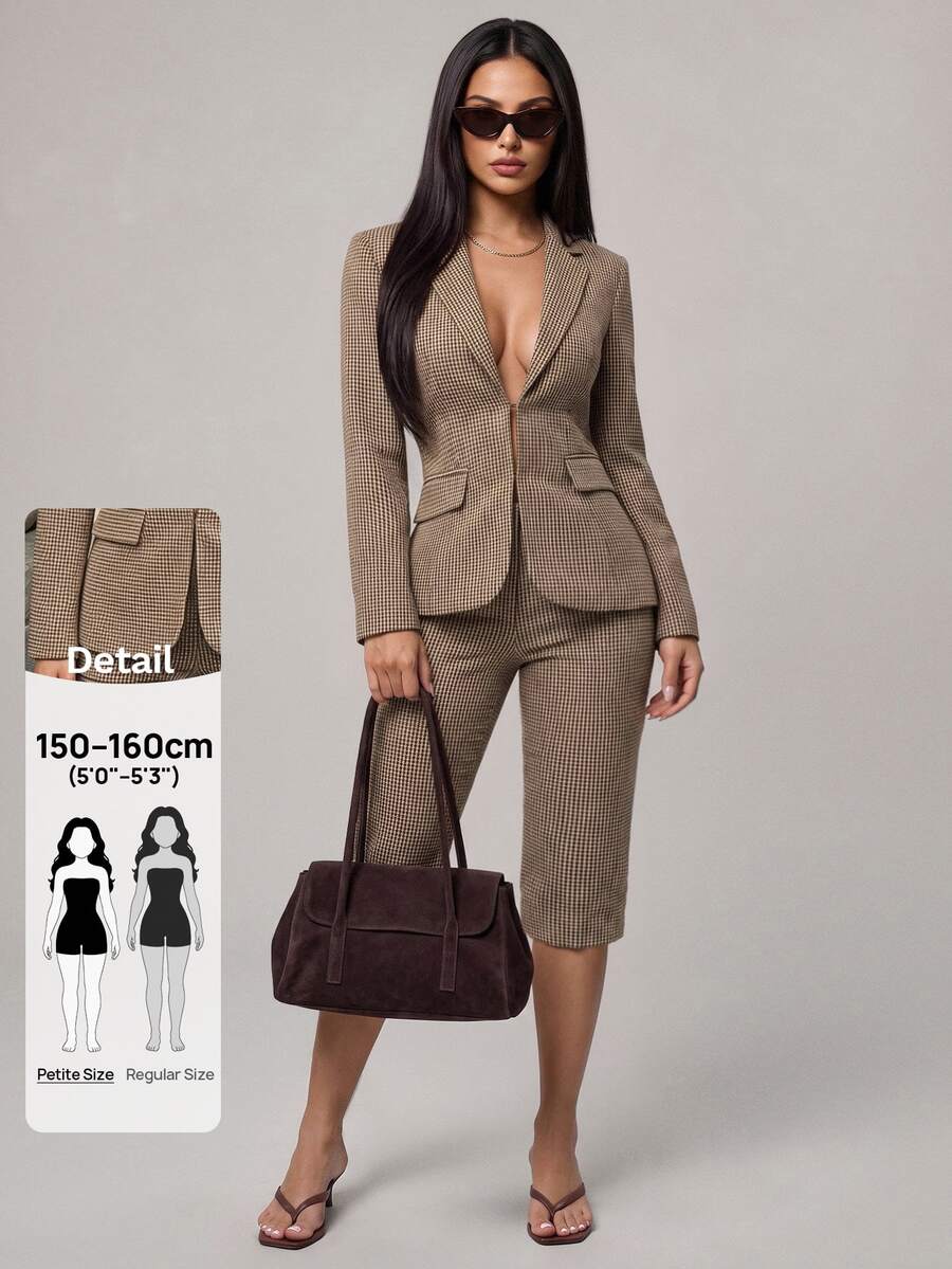 SHEIN PETITE Two Pieces Houndstooth Suit Set For Petite Women (Casual/Commuter/Business) - Brown - View 1