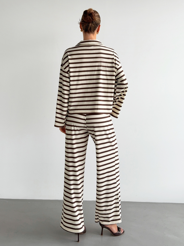 Siren Gaze Women's New Autumn/Winter Polo Collar Striped Shirt - Brown - View 2