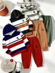 小男孩休閒百搭簡約寬鬆運動衛衣，秋季新品，秋冬服飾，經典復古條紋圖案印花，經典精緻小標誌騎士小馬圖案印花，適合返校，適合旅行，適合學校，適合日常聚會，適合春夏 - 彩色 - 查看 6