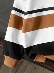 小男孩休閒百搭簡約寬鬆運動衛衣，秋季新品，秋冬服飾，經典復古條紋圖案印花，經典精緻小標誌騎士小馬圖案印花，適合返校，適合旅行，適合學校，適合日常聚會，適合春夏 - 彩色 - 查看 4