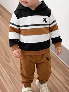 小男孩休閒百搭簡約寬鬆運動衛衣，秋季新品，秋冬服飾，經典復古條紋圖案印花，經典精緻小標誌騎士小馬圖案印花，適合返校，適合旅行，適合學校，適合日常聚會，適合春夏 - 彩色 - 查看 1