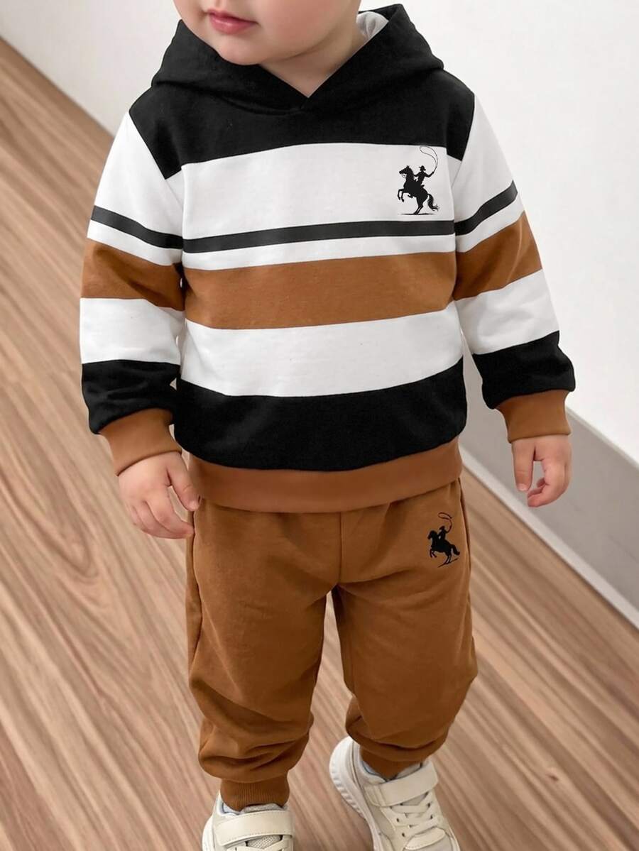 小男孩休閒百搭簡約寬鬆運動衛衣,秋季新品,秋冬服飾,經典復古條紋圖案印花,經典精緻小標誌騎士小馬圖案印花,適合返校,適合旅行,適合學校,適合日常聚會,適合春夏 - 彩色 - 查看 1