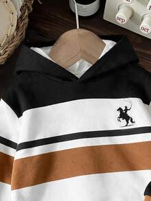 小男孩休閒百搭簡約寬鬆運動衛衣，秋季新品，秋冬服飾，經典復古條紋圖案印花，經典精緻小標誌騎士小馬圖案印花，適合返校，適合旅行，適合學校，適合日常聚會，適合春夏 - 彩色 - 查看 5
