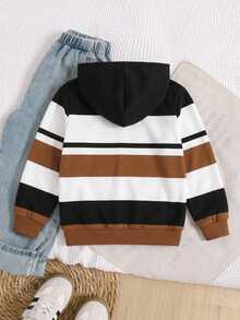 小男孩休閒百搭簡約寬鬆運動衛衣，秋季新品，秋冬服飾，經典復古條紋圖案印花，經典精緻小標誌騎士小馬圖案印花，適合返校，適合旅行，適合學校，適合日常聚會，適合春夏 - 彩色 - 查看 2