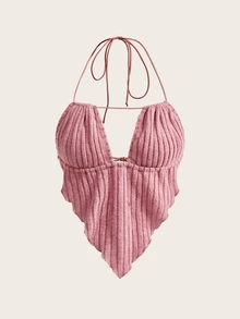 Sweetina Women's Solid Color Asymmetric Hem Sexy Halter Backless Camisole - Dusty Pink - View 2