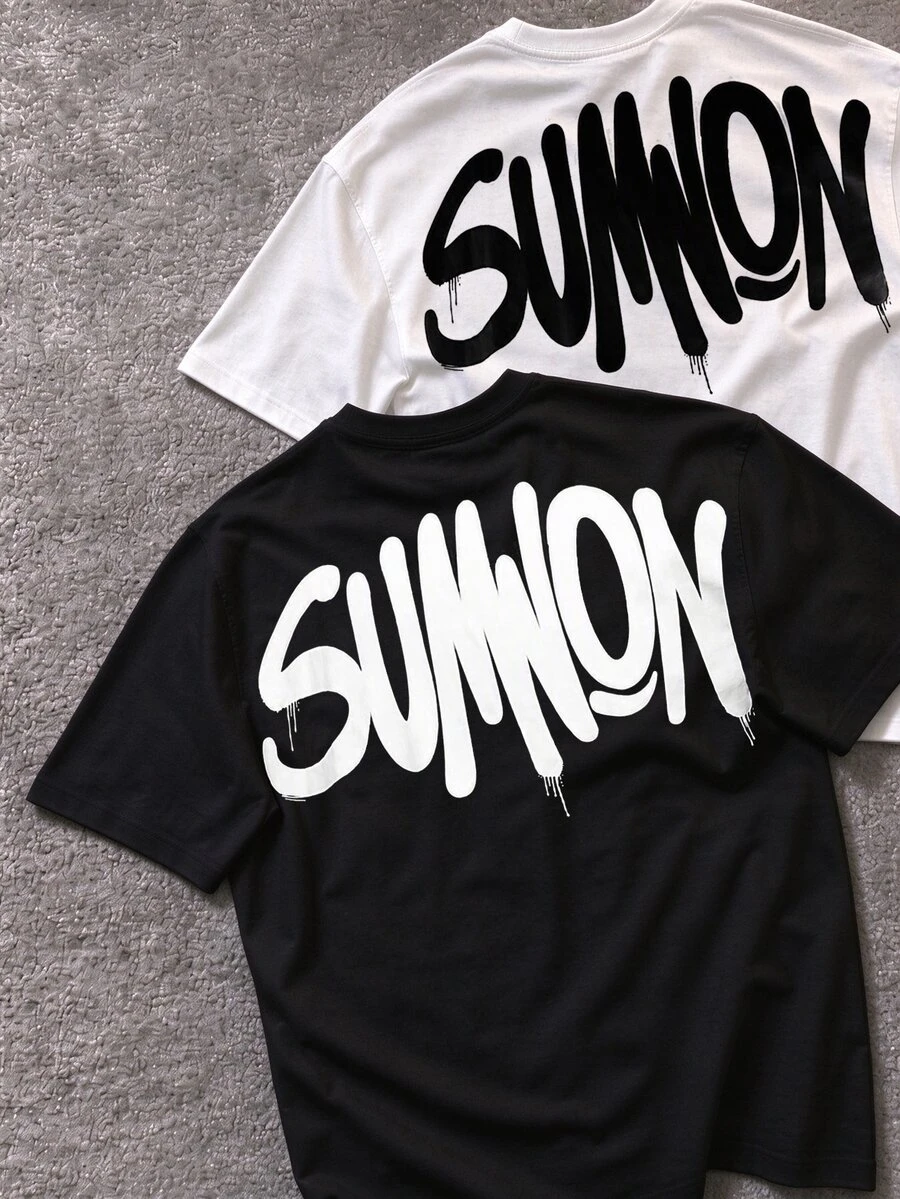 SUMWON Oversized Crew Neck Short Sleeve T-Shirt With Bold Graffiti Logo Back Print Street Style Casual Tee - Black - View 1