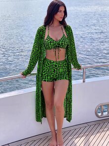 SHEIN Swim Summer Beach Women's Swimwear Set Includes Printed Bra, Panties And Random Pattern Cover Up, 3pcs - Green - View 3