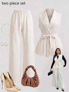 GlowEve CURVE Plus Size Women's Casual Striped V-Neck Sleeveless Shirt And Pants Set - Multicolor - View 1